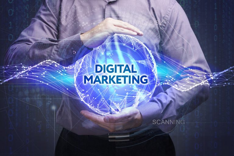 man holding digital marketing graphic